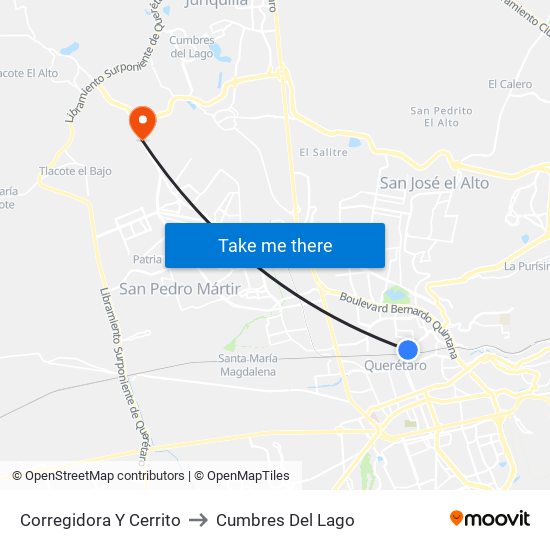 Corregidora Y Cerrito to Cumbres Del Lago map