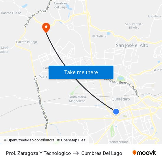 Prol. Zaragoza Y Tecnologico to Cumbres Del Lago map
