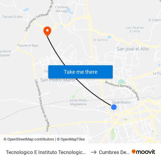 Tecnologico E Instituto Tecnologico De Queretaro to Cumbres Del Lago map