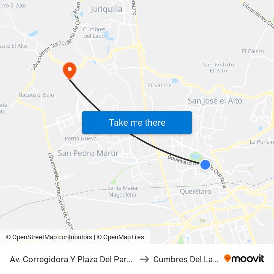 Av. Corregidora Y Plaza Del Parque to Cumbres Del Lago map