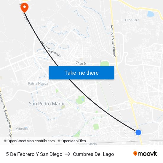 5 De Febrero Y San Diego to Cumbres Del Lago map