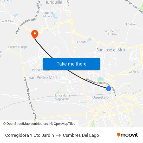 Corregidora Y Cto Jardín to Cumbres Del Lago map