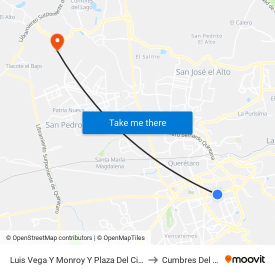 Luis Vega Y Monroy Y Plaza Del Cimatario to Cumbres Del Lago map