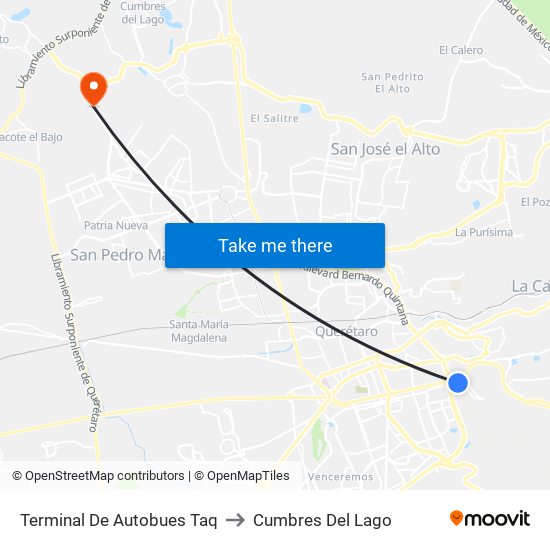 Terminal De Autobues Taq to Cumbres Del Lago map