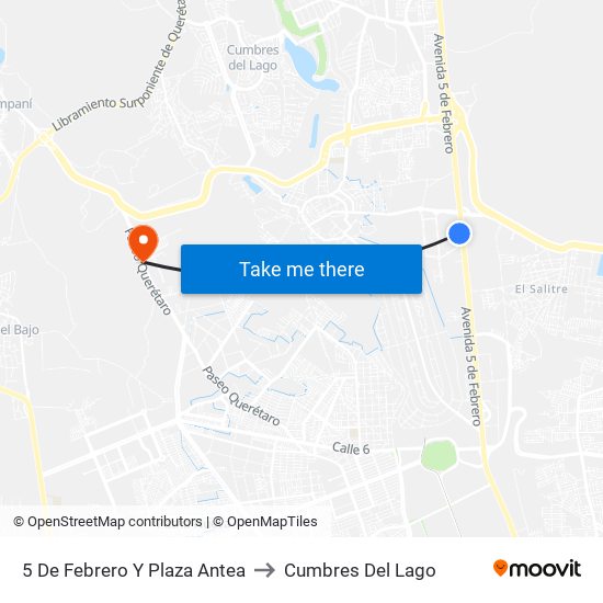 5 De Febrero Y Plaza Antea to Cumbres Del Lago map