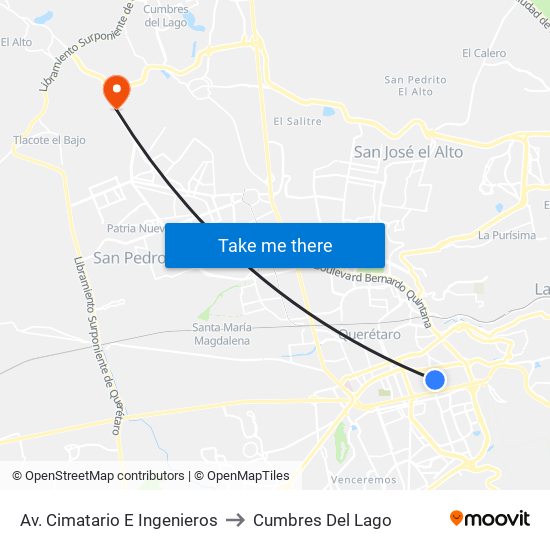 Av. Cimatario E Ingenieros to Cumbres Del Lago map