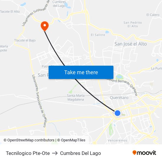 Tecnilogico Pte-Ote to Cumbres Del Lago map