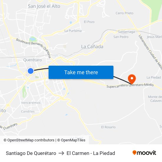 Santiago De Querétaro to El Carmen - La Piedad map