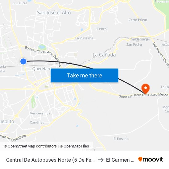 Central De Autobuses Norte (5 De Febrero Y Epigmenio González) to El Carmen - La Piedad map