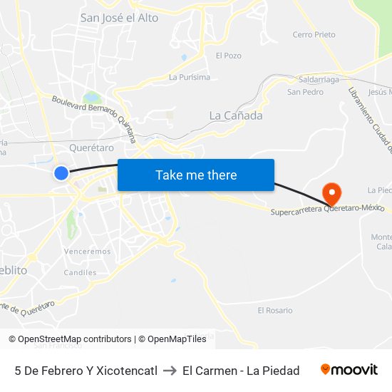 5 De Febrero Y Xicotencatl to El Carmen - La Piedad map