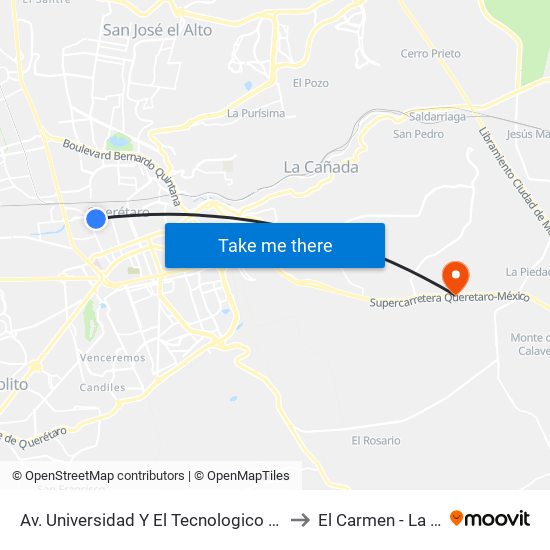 Av. Universidad Y El Tecnologico De Queretaro to El Carmen - La Piedad map