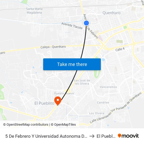 5 De Febrero Y Universidad Autonoma De Qro. to El Pueblito map