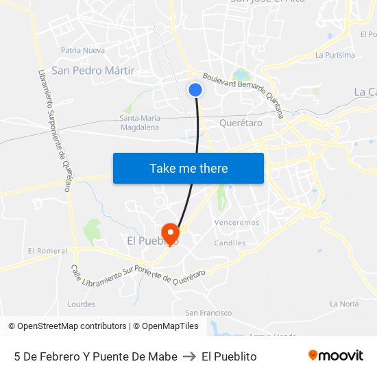 5 De Febrero Y Puente De Mabe to El Pueblito map