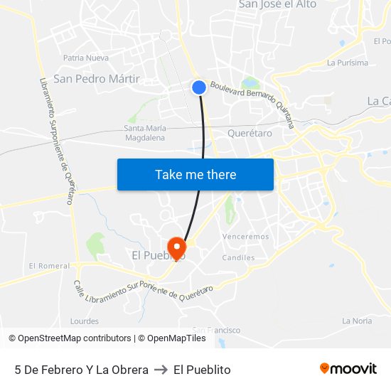 5 De Febrero Y La Obrera to El Pueblito map