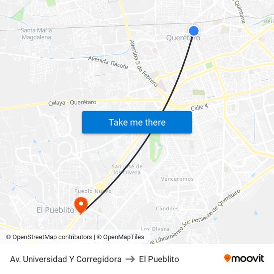Av. Universidad Y Corregidora to El Pueblito map