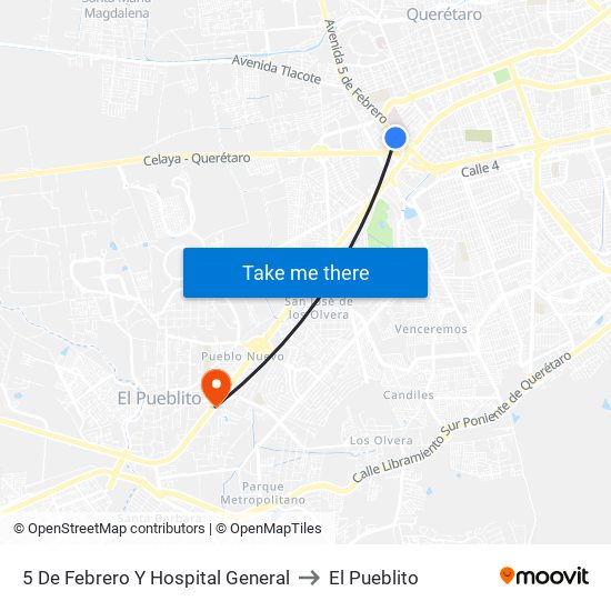 5 De Febrero Y Hospital General to El Pueblito map