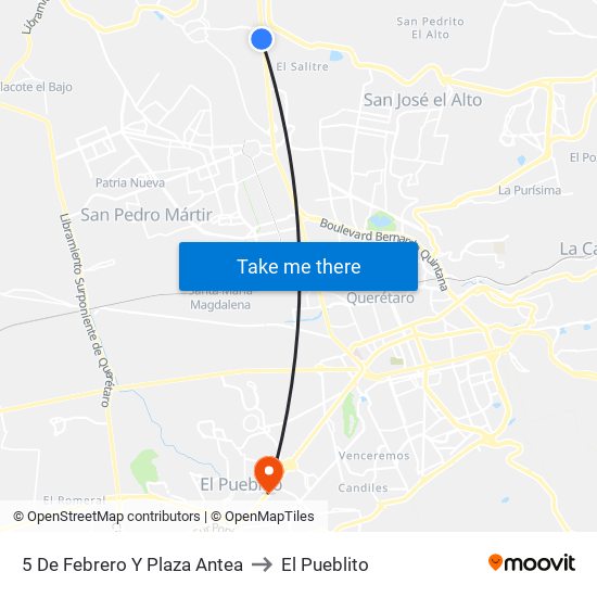 5 De Febrero Y Plaza Antea to El Pueblito map