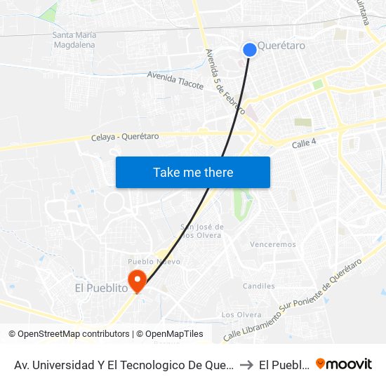 Av. Universidad Y El Tecnologico De Queretaro to El Pueblito map