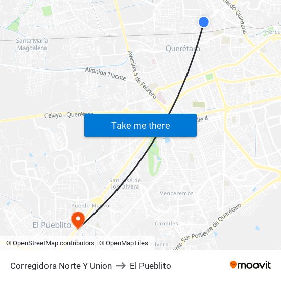 Corregidora Norte Y Union to El Pueblito map