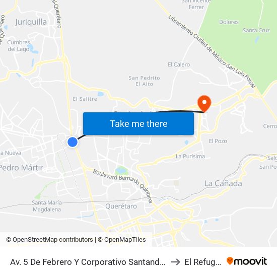 Av. 5 De Febrero Y Corporativo Santander to El Refugio map