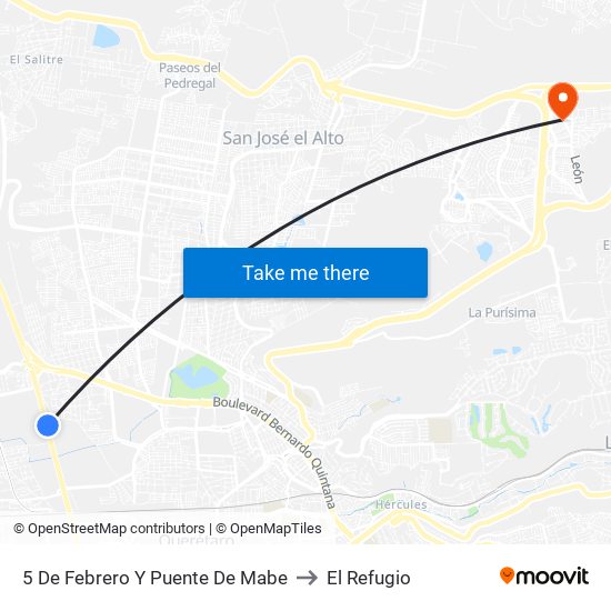 5 De Febrero Y Puente De Mabe to El Refugio map