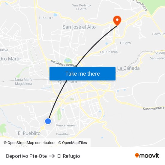 Deportivo Pte-Ote to El Refugio map