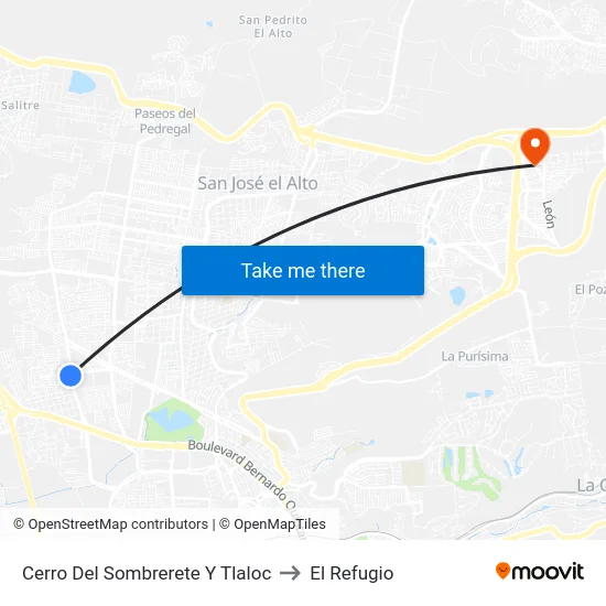Cerro Del Sombrerete Y Tlaloc to El Refugio map