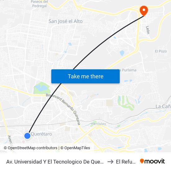 Av. Universidad Y El Tecnologico De Queretaro to El Refugio map