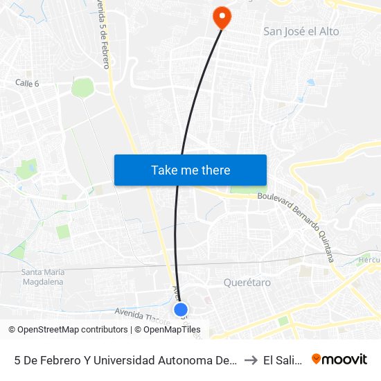 5 De Febrero Y Universidad Autonoma De Qro. to El Salitre map