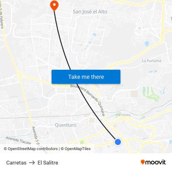 Carretas to El Salitre map