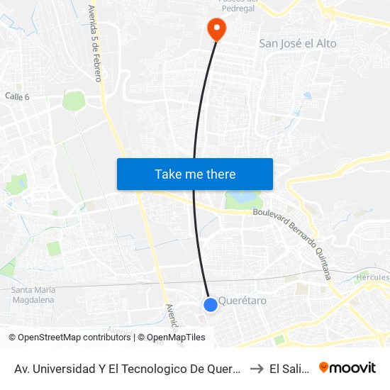 Av. Universidad Y El Tecnologico De Queretaro to El Salitre map
