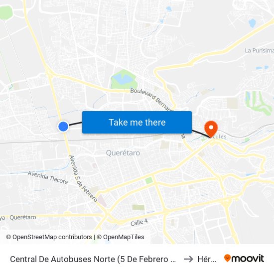 Central De Autobuses Norte (5 De Febrero Y Epigmenio González) to Hércules map