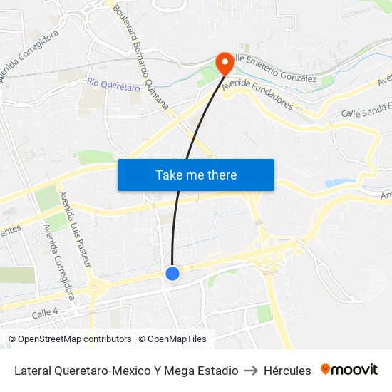 Lateral Queretaro-Mexico Y Mega Estadio to Hércules map