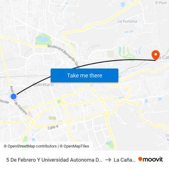 5 De Febrero Y Universidad Autonoma De Qro. to La Cañada map
