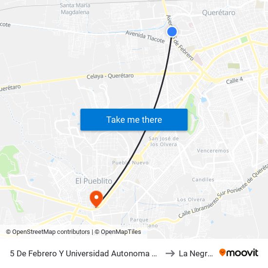 5 De Febrero Y Universidad Autonoma De Qro. to La Negreta map