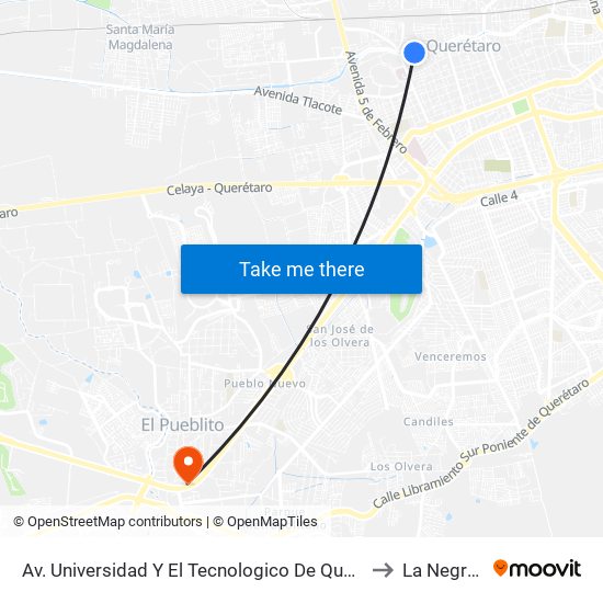 Av. Universidad Y El Tecnologico De Queretaro to La Negreta map