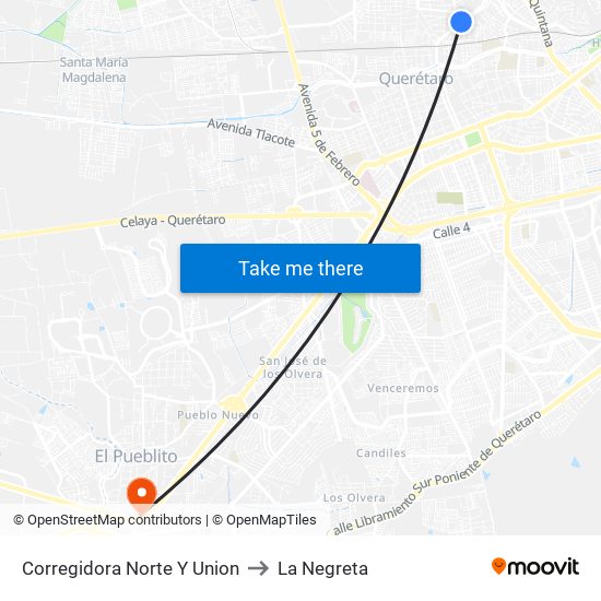 Corregidora Norte Y Union to La Negreta map