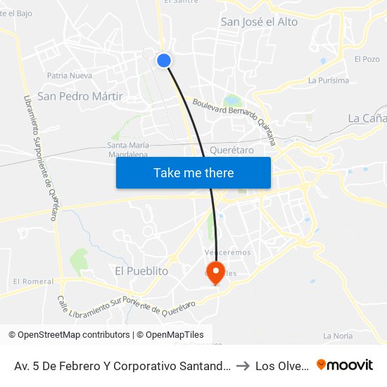 Av. 5 De Febrero Y Corporativo Santander to Los Olvera map
