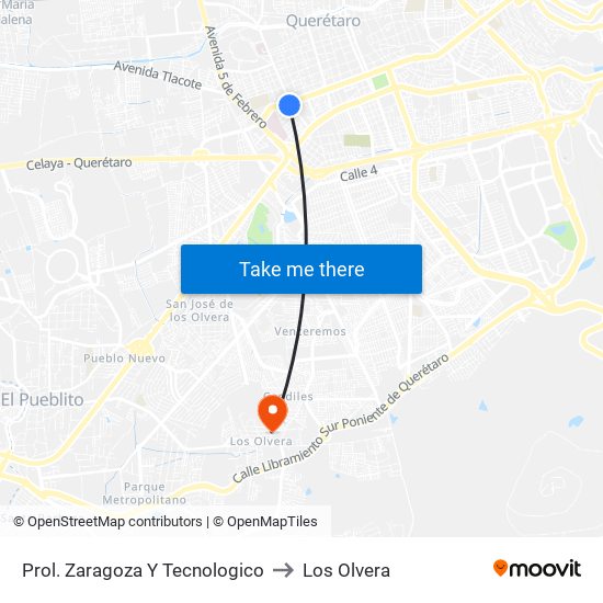 Prol. Zaragoza Y Tecnologico to Los Olvera map