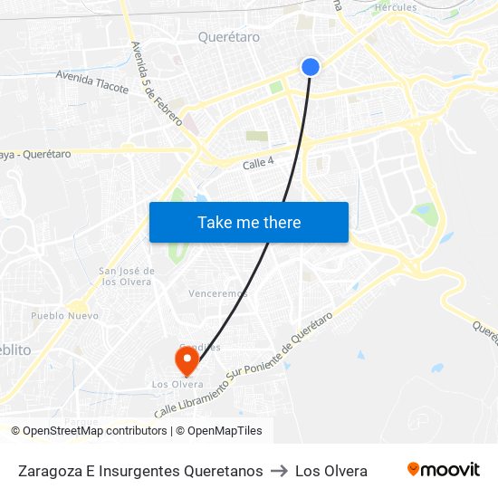 Zaragoza E Insurgentes Queretanos to Los Olvera map