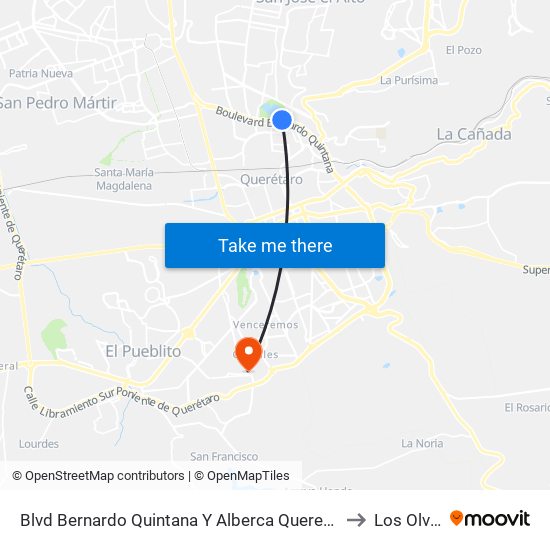 Blvd Bernardo Quintana Y Alberca Queretaro 2000 to Los Olvera map