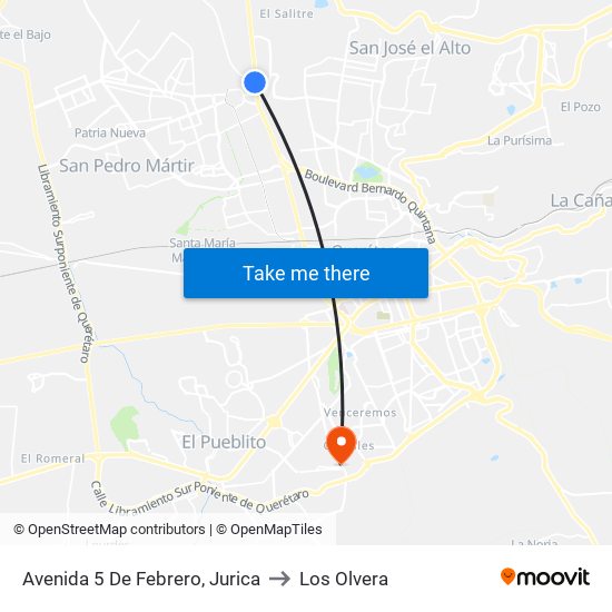 Avenida 5 De Febrero, Jurica to Los Olvera map