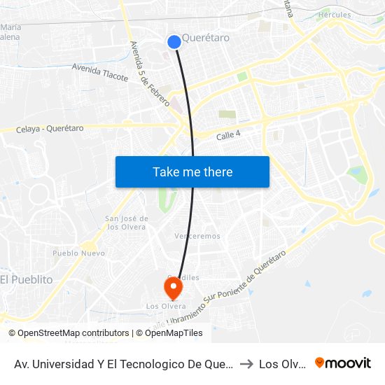 Av. Universidad Y El Tecnologico De Queretaro to Los Olvera map