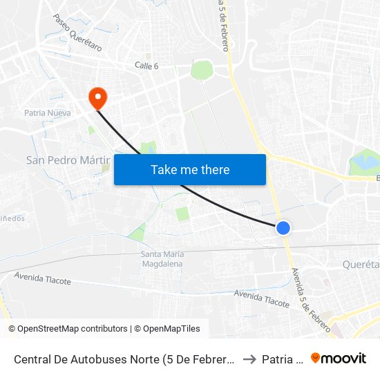 Central De Autobuses Norte (5 De Febrero Y Epigmenio González) to Patria Nueva map