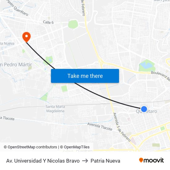 Av. Universidad Y Nicolas Bravo to Patria Nueva map