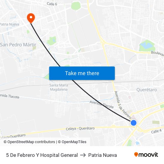 5 De Febrero Y Hospital General to Patria Nueva map