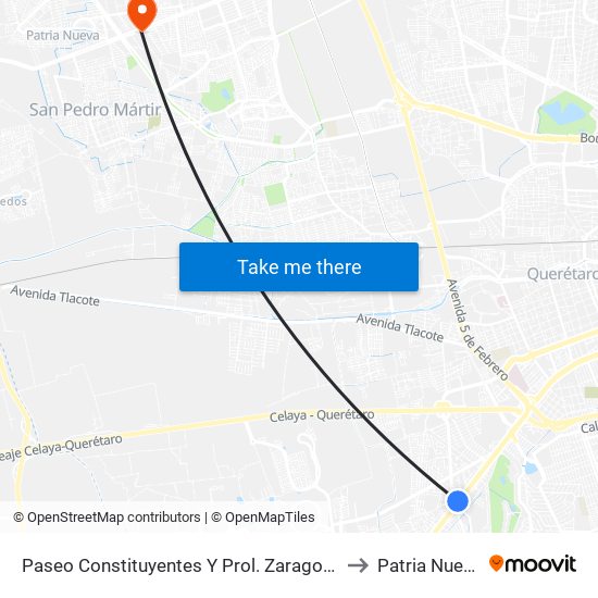 Paseo Constituyentes Y Prol. Zaragoza to Patria Nueva map