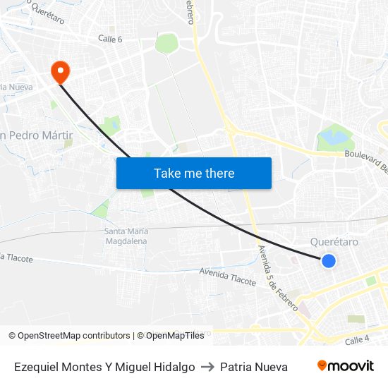 Ezequiel Montes Y Miguel Hidalgo to Patria Nueva map