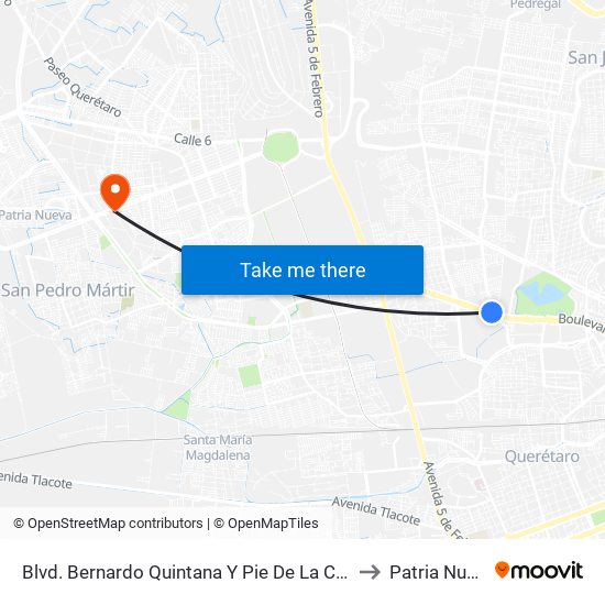 Blvd. Bernardo Quintana Y Pie De La Cuesta to Patria Nueva map
