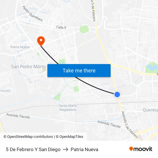 5 De Febrero Y San Diego to Patria Nueva map